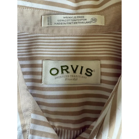 SOLD Orvis Wrinkle Free 100% Cotton Beige White Stripe Button Front Shirt Women - Picture 5 of 5